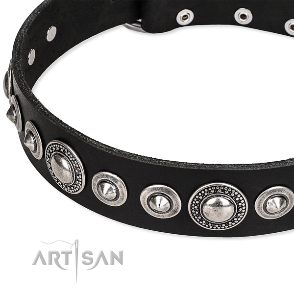Easy wearing embellished dog collar of strong full grain leather