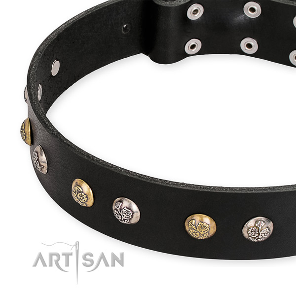 Natural genuine leather dog collar with exquisite strong studs
