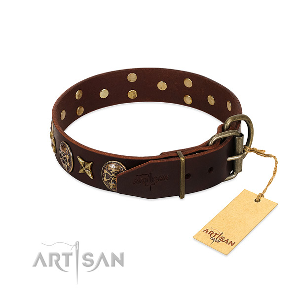 Durable D-ring on full grain genuine leather dog collar for your four-legged friend