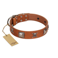 "Amorous Escapade" Embellished FDT Artisan Tan Leather American Bulldog Collar with Chrome Plated Crossbones and Plates (image for) "Amorous Escapade" Embellished FDT Artisan Tan Leather American Bulldog Collar with Chrome Plated Crossbones and Plates