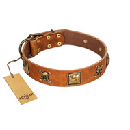 "Knights Templar" FDT Artisan Tan Leather American Bulldog Collar with Skulls and Crossbones Combined with Squares (image for) "Knights Templar" FDT Artisan Tan Leather American Bulldog Collar with Skulls and Crossbones Combined with Squares