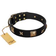 "Starry Harmony" FDT Artisan Black Leather Dog Collar with Squares and Stars for Comfortable Walking (image for) "Starry Harmony" FDT Artisan Black Leather Dog Collar with Squares and Stars for Comfortable Walking