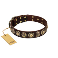 "Caribbean Treasures" FDT Artisan Brown Leather Dog Collar with Old-Bronze-like Conchos and Medallions with Skulls (image for) "Caribbean Treasures" FDT Artisan Brown Leather Dog Collar with Old-Bronze-like Conchos and Medallions with Skulls