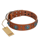 "Blue Sands" FDT Artisan Tan Leather American Bulldog Collar with Silver-like Studs and Round Conchos with Stones (image for) "Blue Sands" FDT Artisan Tan Leather American Bulldog Collar with Silver-like Studs and Round Conchos with Stones