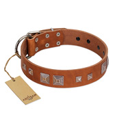 "Egyptian Gifts" Handmade FDT Artisan Tan Leather American Bulldog Collar with Chrome-plated Pyramids (image for) "Egyptian Gifts" Handmade FDT Artisan Tan Leather American Bulldog Collar with Chrome-plated Pyramids