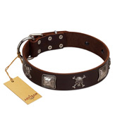 "Nut-Brown Finery" Embellished FDT Artisan Brown Leather American Bulldog Collar with Chrome Plated Crossbones and Plates (image for) "Nut-Brown Finery" Embellished FDT Artisan Brown Leather American Bulldog Collar with Chrome Plated Crossbones and Plates