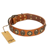 "Golden Epoch" FDT Artisan Tan Leather American Bulldog Collar with Old Bronze-plated Medallions and Conchos (image for) "Golden Epoch" FDT Artisan Tan Leather American Bulldog Collar with Old Bronze-plated Medallions and Conchos