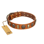 "Strike of Rock" FDT Artisan Tan Leather American Bulldog Collar with Plates and Medallions with Skulls (image for) "Strike of Rock" FDT Artisan Tan Leather American Bulldog Collar with Plates and Medallions with Skulls