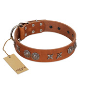 "Splendid Armor" Premium Quality FDT Artisan Tan Designer American Bulldog Collar with Shields and Stars (image for) "Splendid Armor" Premium Quality FDT Artisan Tan Designer American Bulldog Collar with Shields and Stars