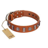 "Luxurious Necklace" FDT Artisan Tan Leather American Bulldog Collar with Silver-Like Adornments (image for) "Luxurious Necklace" FDT Artisan Tan Leather American Bulldog Collar with Silver-Like Adornments