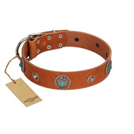 "Marine Antiques" Handmade FDT Artisan Tan Leather American Bulldog Collar with Blue Stones (image for) "Marine Antiques" Handmade FDT Artisan Tan Leather American Bulldog Collar with Blue Stones