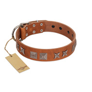"Antique Figures" FDT Artisan Tan Leather American Bulldog Collar with Silver-like Engraved Plates (image for) "Antique Figures" FDT Artisan Tan Leather American Bulldog Collar with Silver-like Engraved Plates
