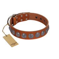"Velvet Kiss" Handmade FDT Artisan Tan Leather American Bulldog Collar with Vintage Medallions (image for) "Velvet Kiss" Handmade FDT Artisan Tan Leather American Bulldog Collar with Vintage Medallions