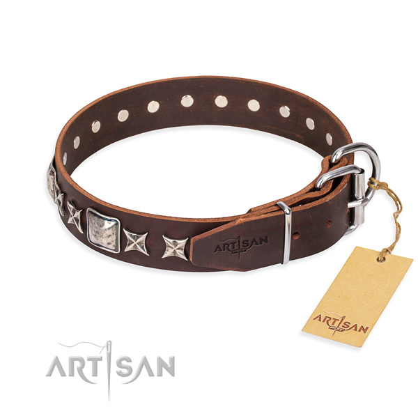 Stylish walking natural genuine leather collar with adornments for your four-legged friend