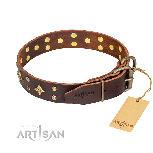 Handy use natural genuine leather collar with embellishments for your canine