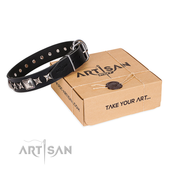 Decorated genuine leather dog collar for comfortable wearing