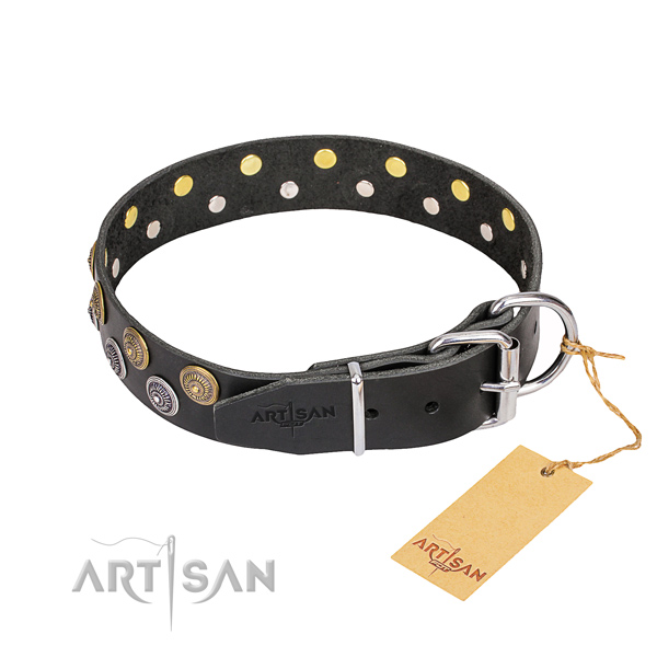Everyday use natural genuine leather collar with adornments for your pet