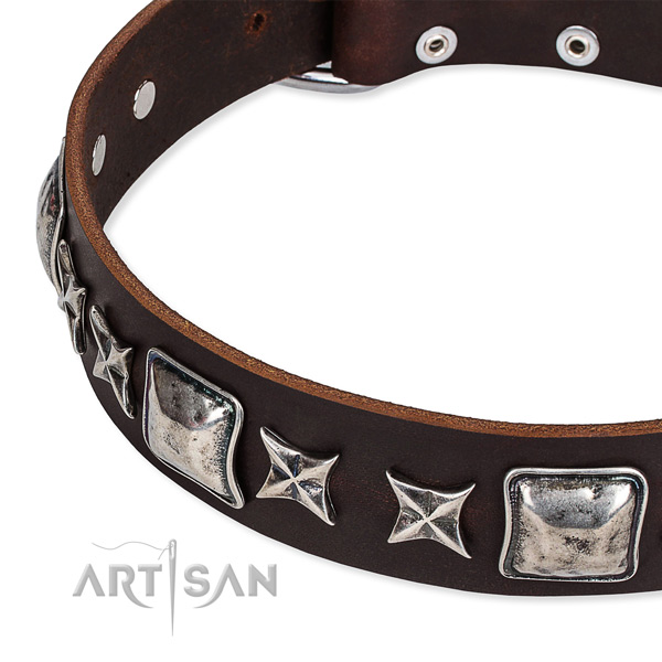 Leather dog collar with decorations for comfortable wearing