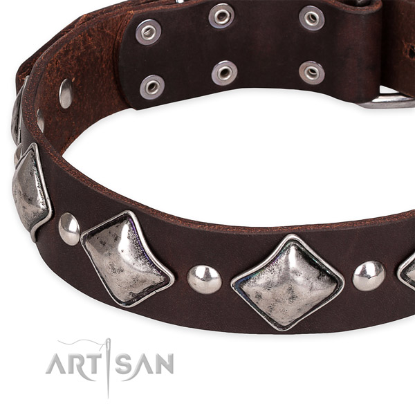 Easy to put on/off leather dog collar with almost unbreakable non-rusting buckle