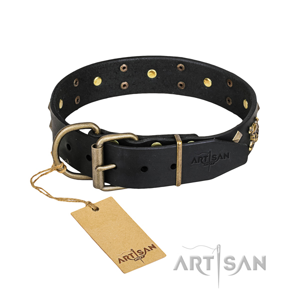 Strong leather dog collar with rust-resistant elements