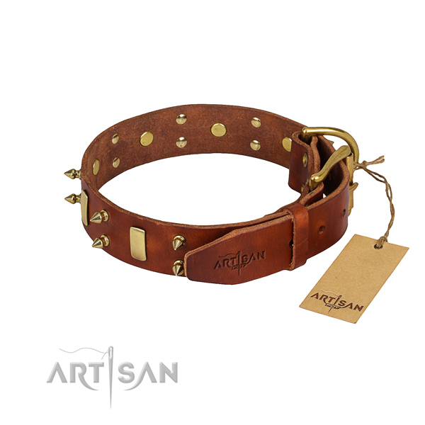 Natural leather dog collar with smoothly polished exterior