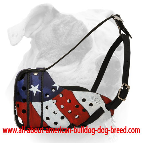Handpainted American Pride leather muzzle for American Bulldog